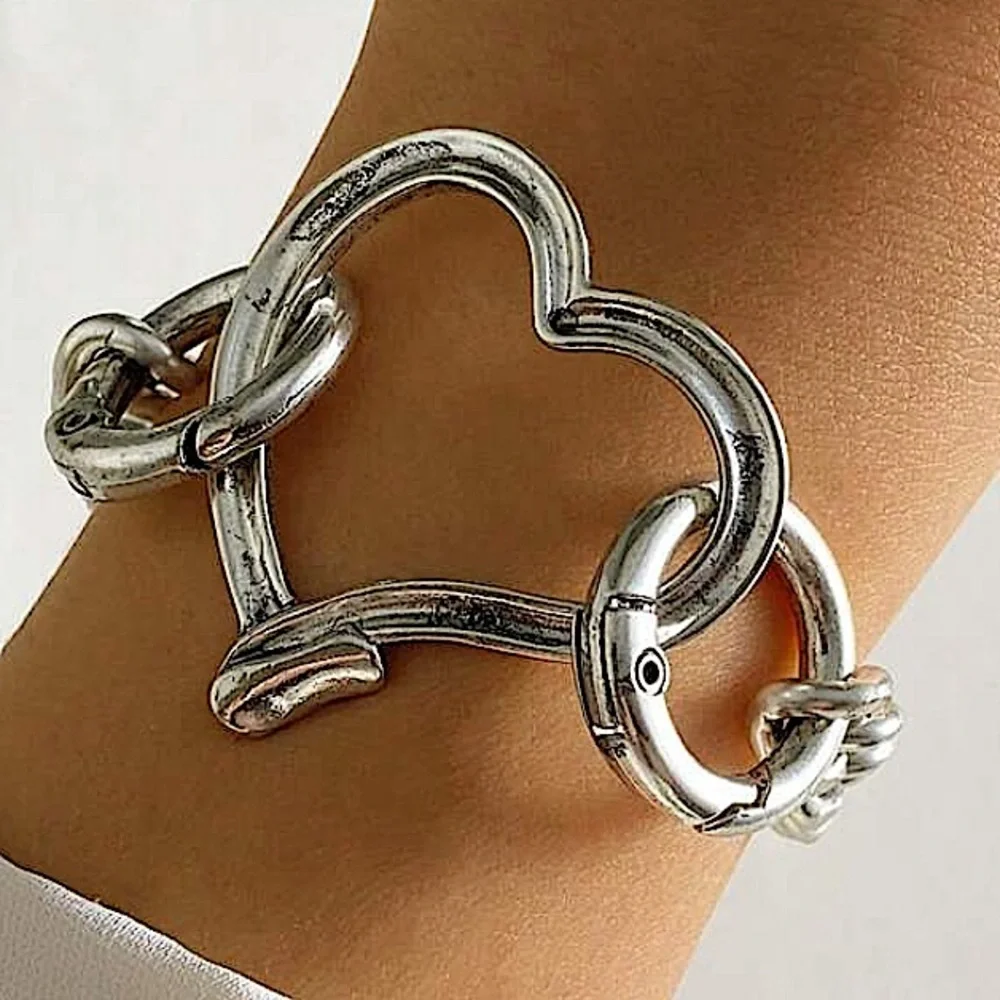 Stainless Steel Heart Bracelet Chain Link Boho Hammered Statement Piece